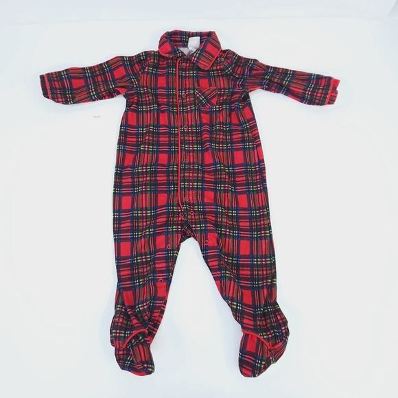 Little Me Plaid Baby Footed Pajamas 9 Months Red  Christmas Holiday PJs - Picture 1 of 3